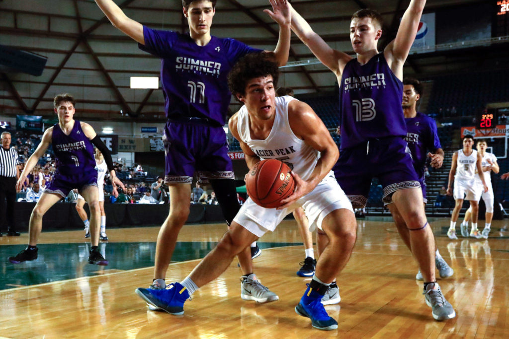 Glacier Peak defeated Sumner, 57-52, to advance to the semifinalsThursday evening at the Tacoma Dome on March 5, 2020. (Kevin Clark / The Herald)
