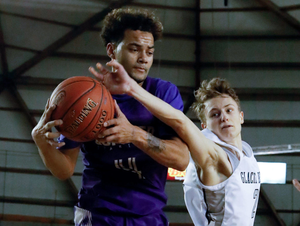 Glacier Peak defeated Sumner, 57-52, to advance to the semifinalsThursday evening at the Tacoma Dome on March 5, 2020. (Kevin Clark / The Herald)
