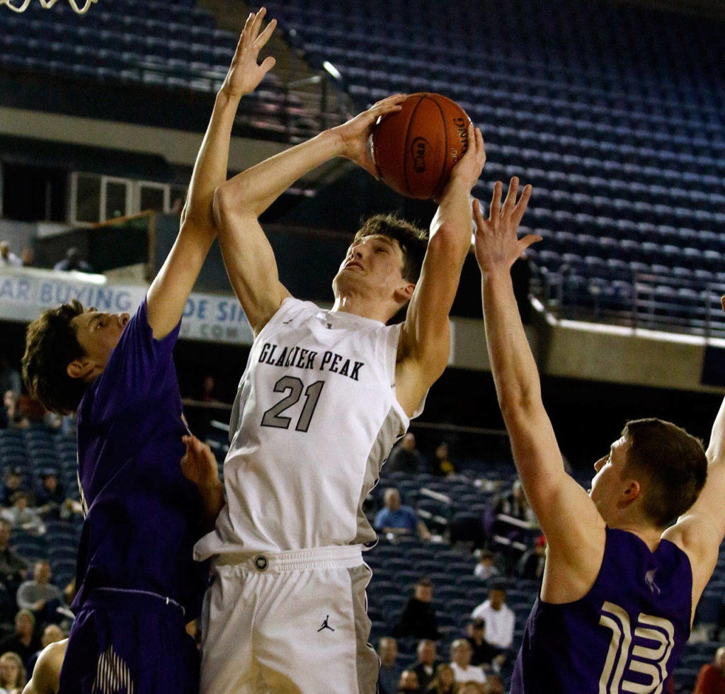 Glacier Peak defeated Sumner, 57-52, to advance to the semifinalsThursday evening at the Tacoma Dome on March 5, 2020. (Kevin Clark / The Herald)
