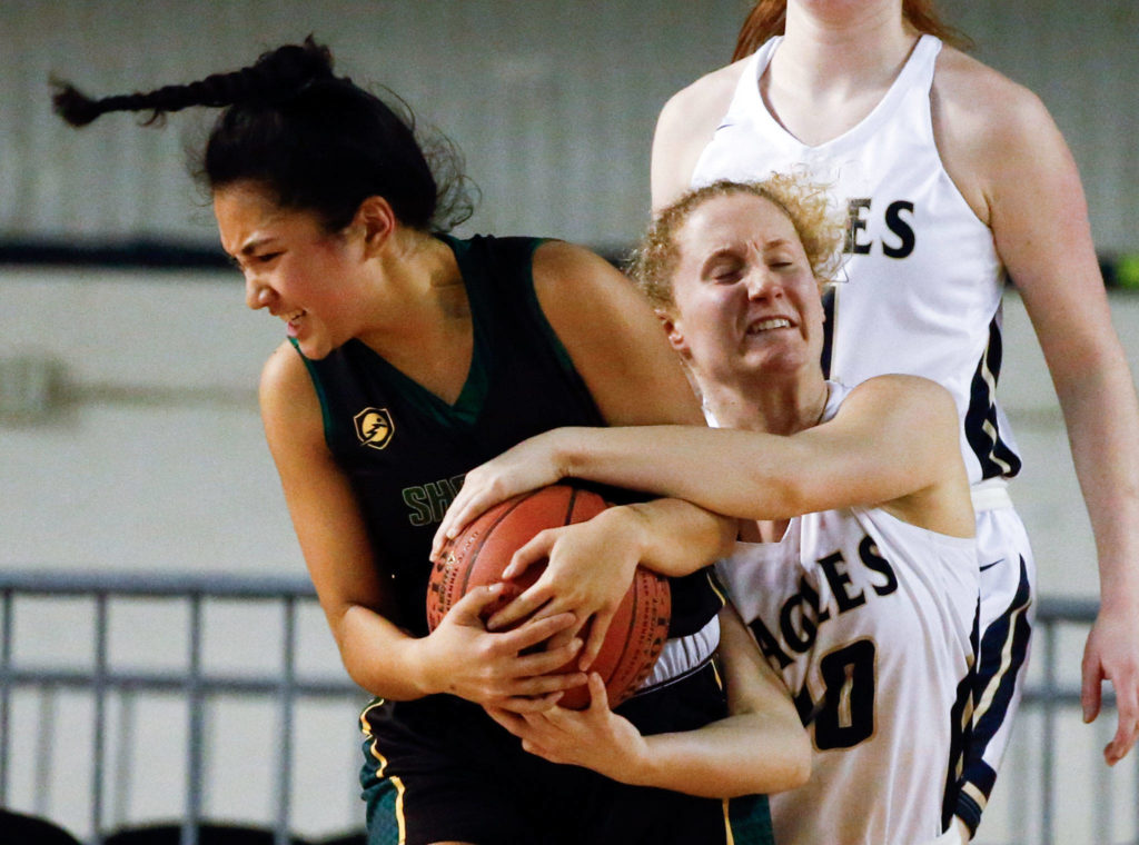 Arlington defeated Shorecrest, 50-49, to advance to the semifinalsThursday evening at the Tacoma Dome on March 5, 2020. (Kevin Clark / The Herald)
