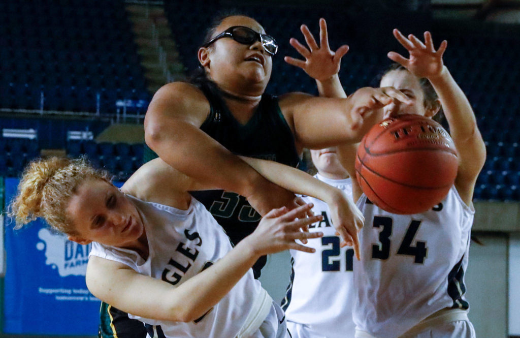 Arlington defeated Shorecrest, 50-49, to advance to the semifinalsThursday evening at the Tacoma Dome on March 5, 2020. (Kevin Clark / The Herald)
