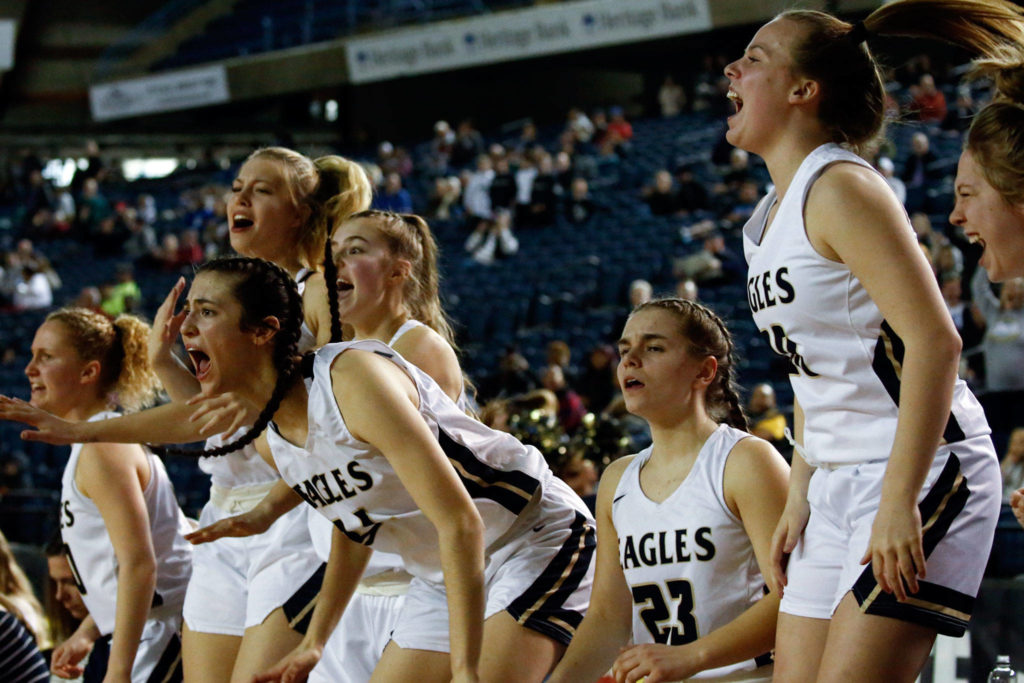 Arlington defeated Shorecrest, 50-49, to advance to the semifinalsThursday evening at the Tacoma Dome on March 5, 2020. (Kevin Clark / The Herald)
