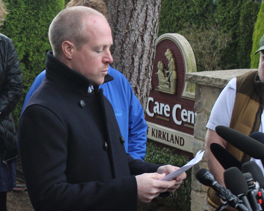 Kevin Connolly, whose 81-year-old father-in-law is a resident at Life Care, reads from a statement at the March 5 press conference. (Blake Peterson / Bothell-Kenmore Reporter)

