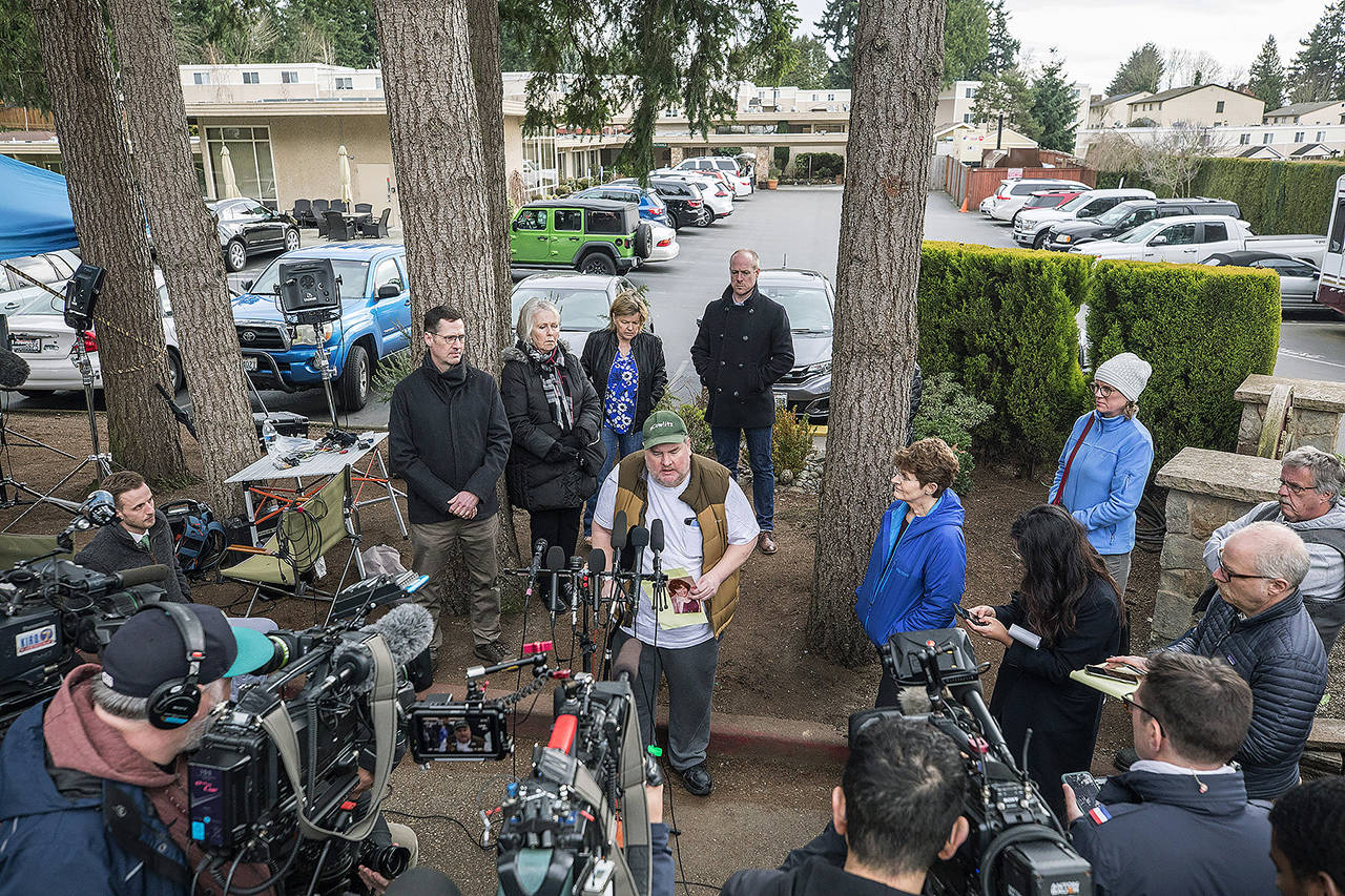 Mike Weatherill, whose mother died a day earlier, speaks during a news conference Thursday in Kirkland. (Steve Ringman/The Seattle Times via AP)