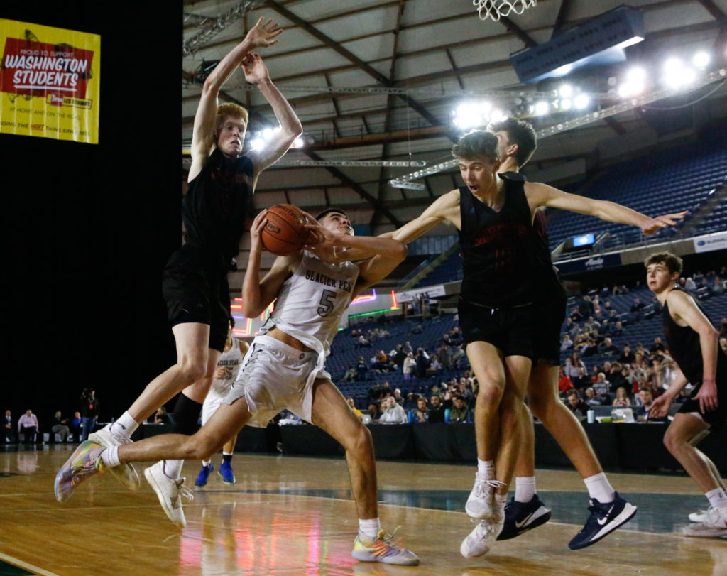 Glacier Peak lost to Mount Si, 62-49, in the 4A semifinals Friday evening at the Tacoma Dome on March 6, 2020. (Kevin Clark / The Herald)
Glacier Peak lost to Mount Si, 62-49, in the 4A semifinals Friday evening at the Tacoma Dome on March 6, 2020. (Kevin Clark / The Herald)

