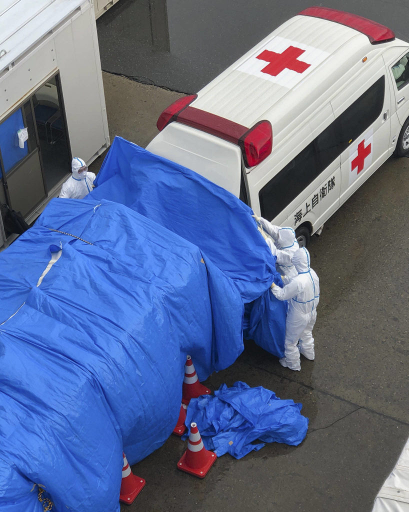 A tent was set up for ambulances to take infected passengers off of the Diamond Princess cruise ship on Feb. 13 in Yokohama, Japan. (Susan Anabel)
