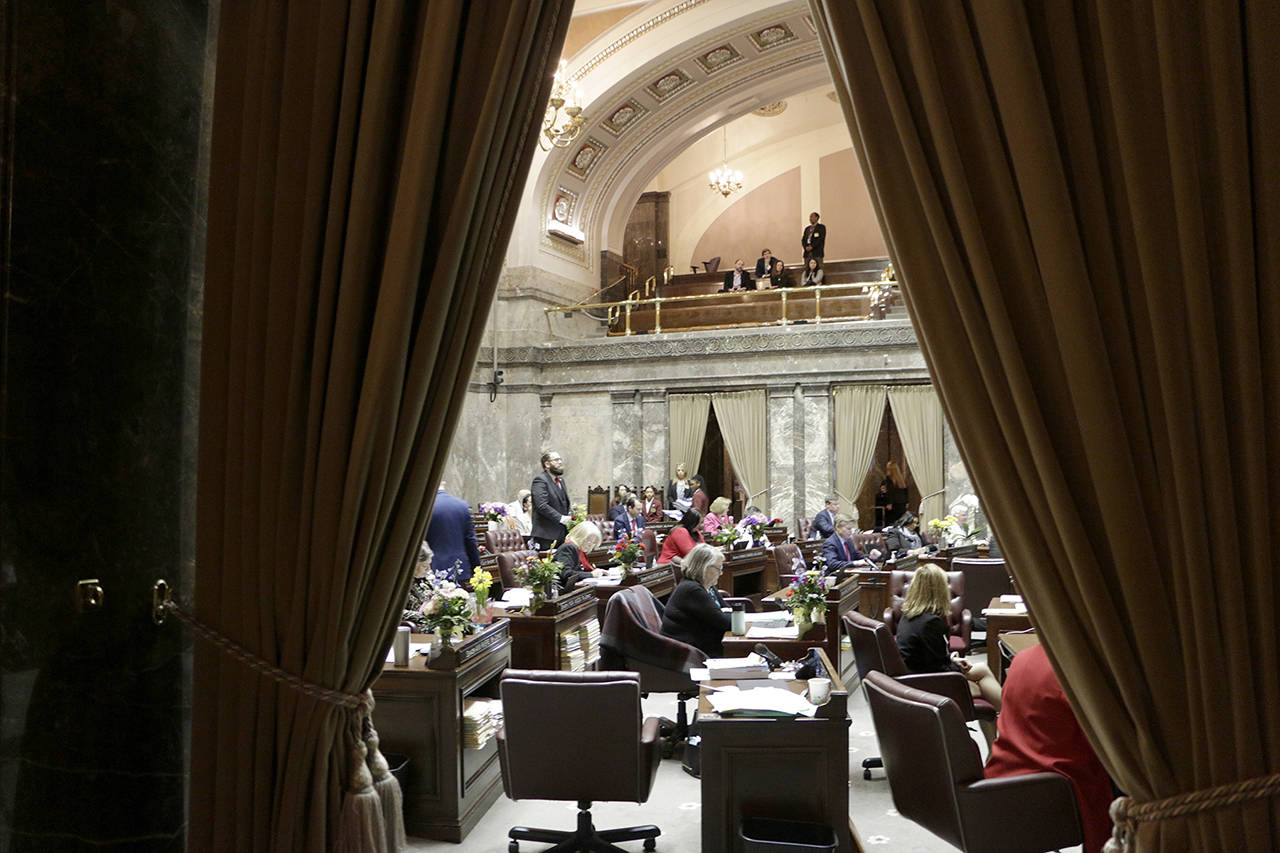 Senators are seen through the chamber curtains Thursday in Olympia. Lawmakers were finishing up their work amid concerns of the state’s COVID-19 outbreak. (AP Photo/Rachel La Corte)