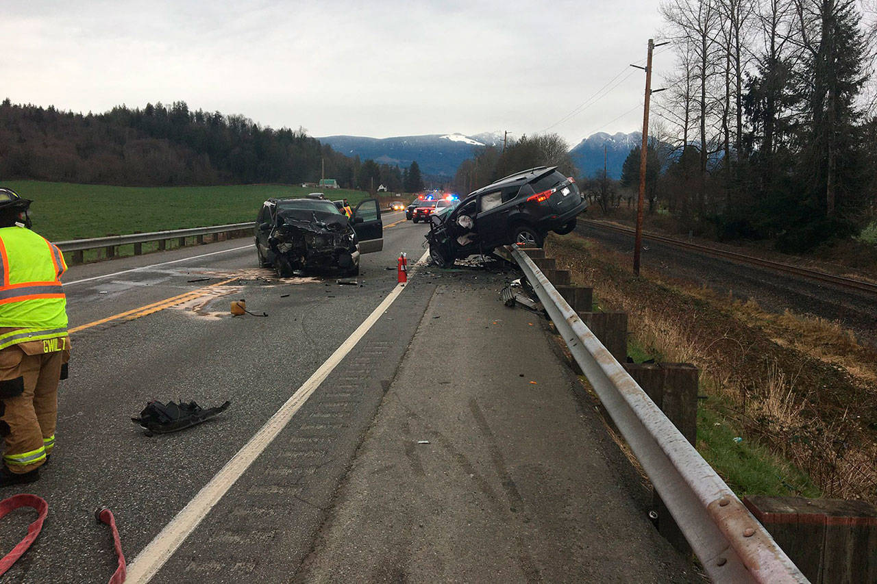 U.S. 2 between Monroe and Sultan was closed in both directions because of a two-vehicle head-on crash Tuesday morning. (Washington State Patrol)