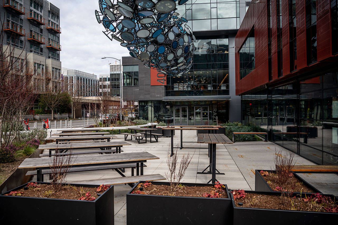 A building in Seattle is empty during lunchtime on March 5, as workers stayed home to avoid the coronavirus. (Stuart Isett / The Washington Post)