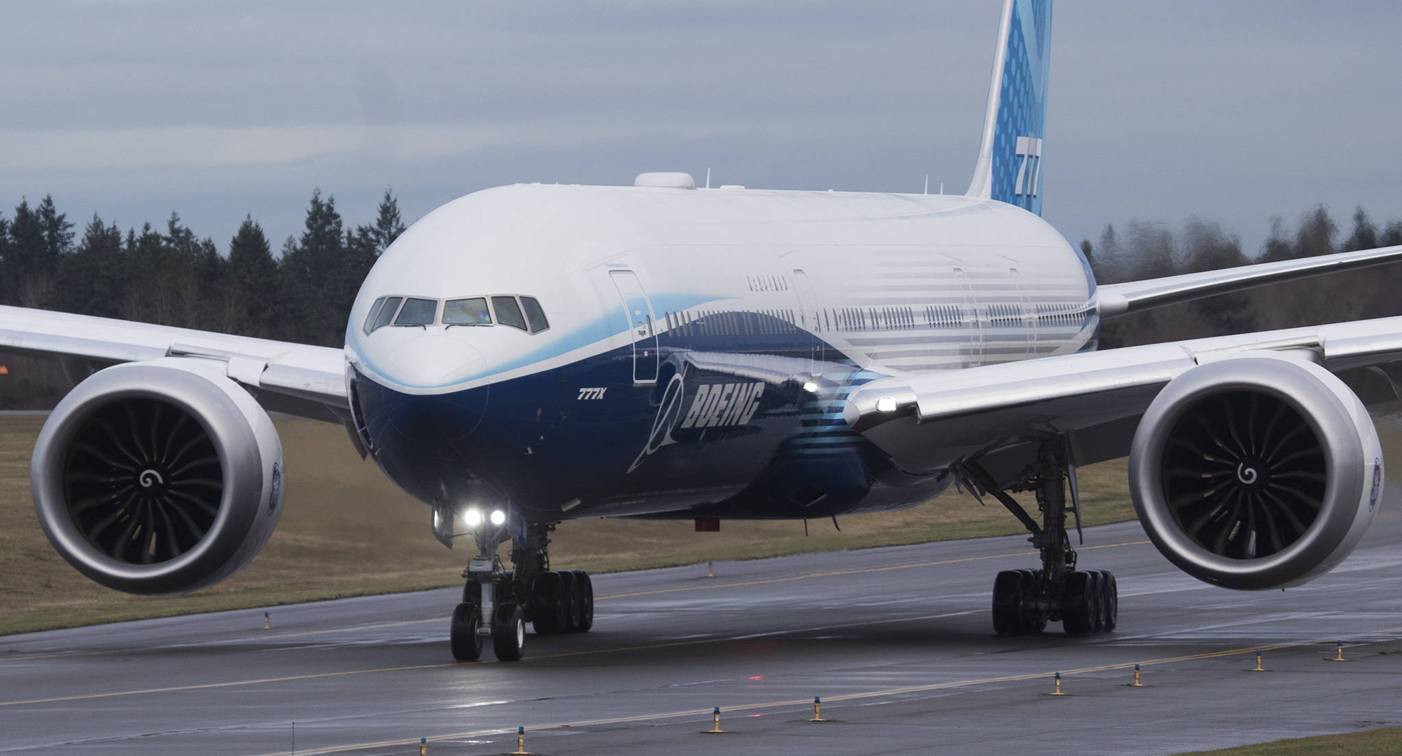 The first Boeing 777X taxies for its first flight from Paine Field in Everett Jan. 25. (Andy Bronson / The Herald)
