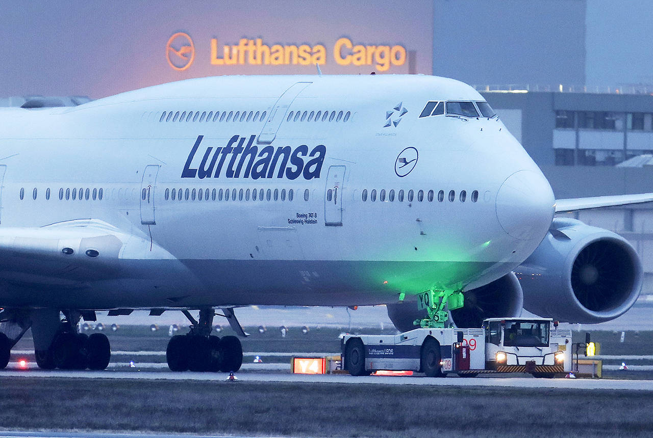 A Lufthansa Boeing 747 aircraft rolls over the tarmac at the airport in Frankfurt, Germany on March 7. (AP Photo/Michael Probst)
