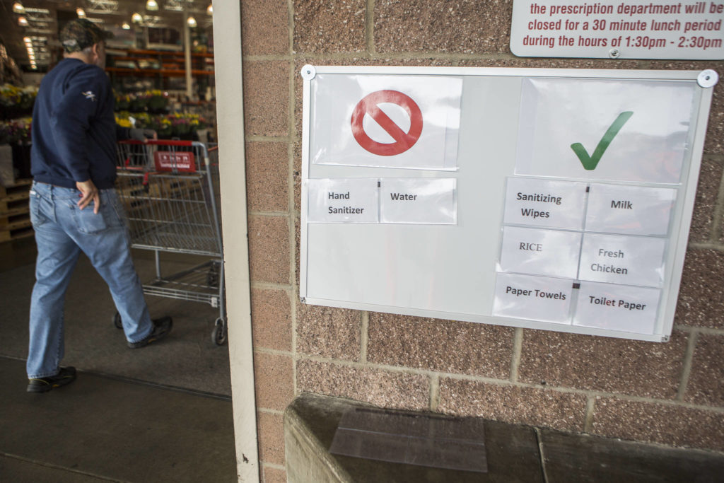 A board at the entrance that is regularly updated shows what Costco has in stock and what is out of stock on Tuesday. (Olivia Vanni / The Herald)
