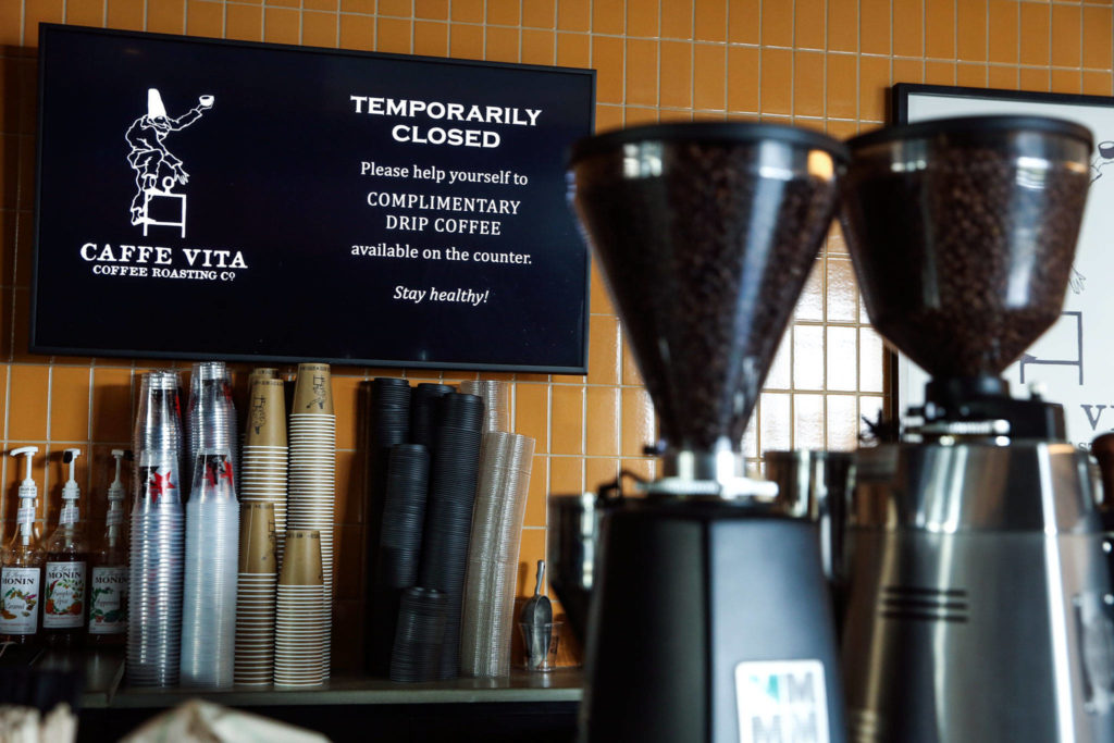 Free coffee is available at the temporarily closed Cafe Vita on Tuesday afternoon at Paine Field. (Kevin Clark / The Herald)
