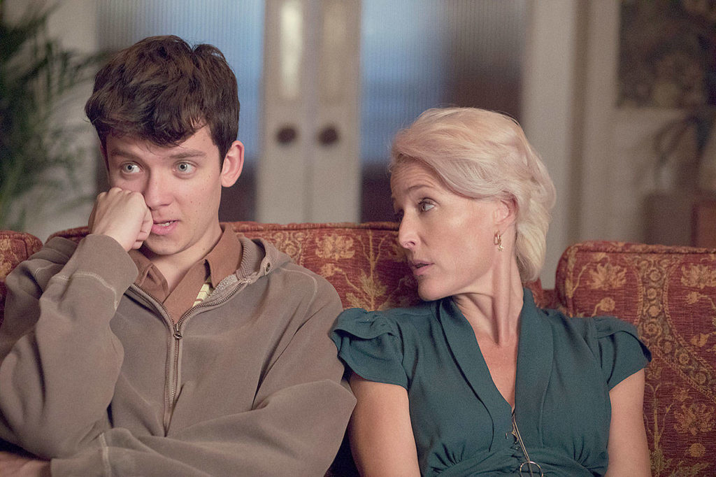 Asa Butterfield and Gillian Anderson in “Sex Education.” (Netflix)
