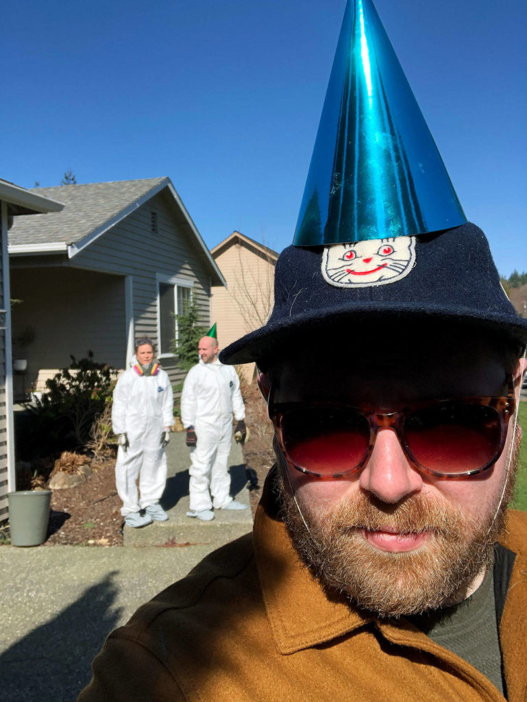 Tyler Chism on his 33rd birthday in a party hat his in-laws left him along with a cake at the end of the driveway. (Tyler Chism)
