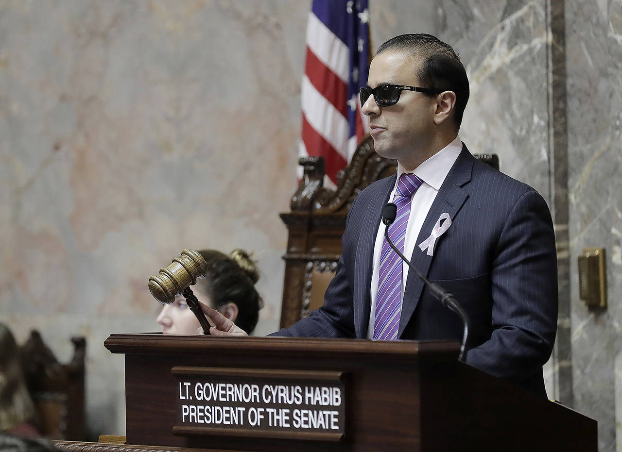 In this 2019 photo, Washington Lt. Gov. Cyrus Habib presides over the Senate at the Capitol in Olympia. (AP Photo/Ted S. Warren, File)