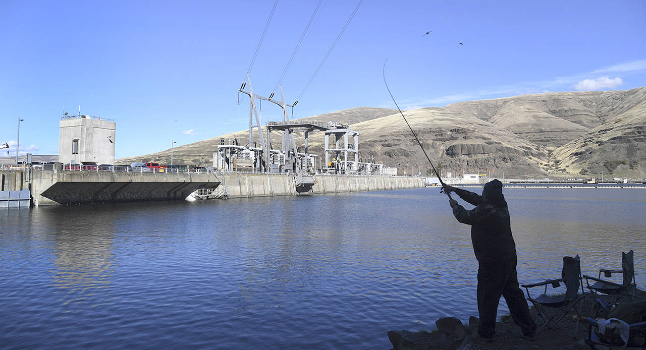 A man fishes for salmon in the Snake River above the Lower Granite Dam in Washington state in October 2016. Public comment is being accepted during a series of teleconferences this month on a draft plan that recommends keeping four dams on the Snake River. (Jesse Tinsley / The Spokesman-Review file photo, via Associated Press)