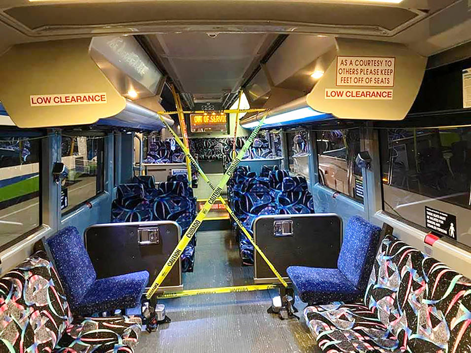 This week, Community Transit began limiting bus entry and exit to the rear doors. Passengers are blocked from going to the front of the bus by caution tape. Only ADA passengers are allowed to sit in the front area and board or exit through the front door. (Community Transit)
