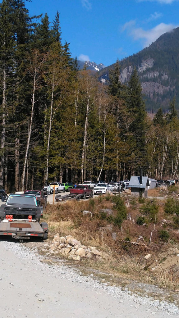 Cars and trailers line a road Saturday in the Reiter Foothills Forest, a popular ATV spot in the Skykomish River valley. (Department of Natural Resources)
