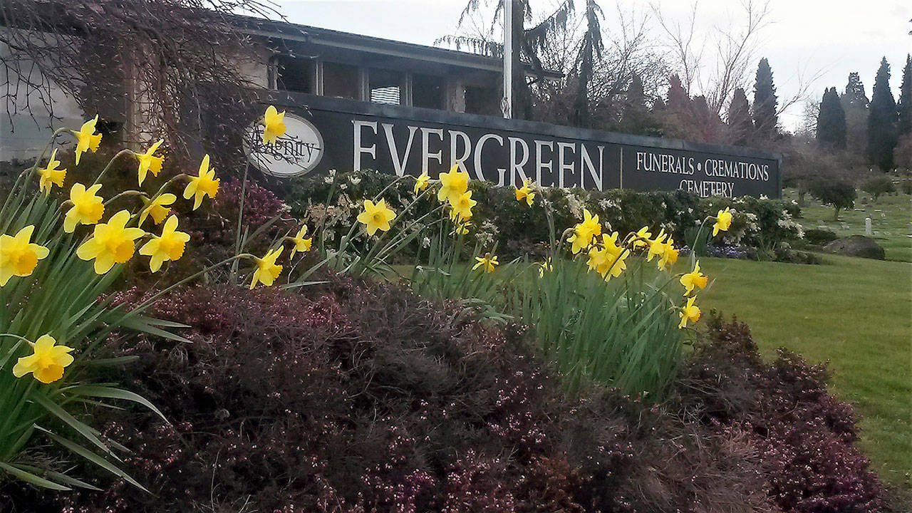 Evergreen Funeral Home and Cemetery in Everett was quiet Sunday. Gov. Jay Inslee has limited memorial events to immediate family only. (Julie Muhlstein / The Herald)