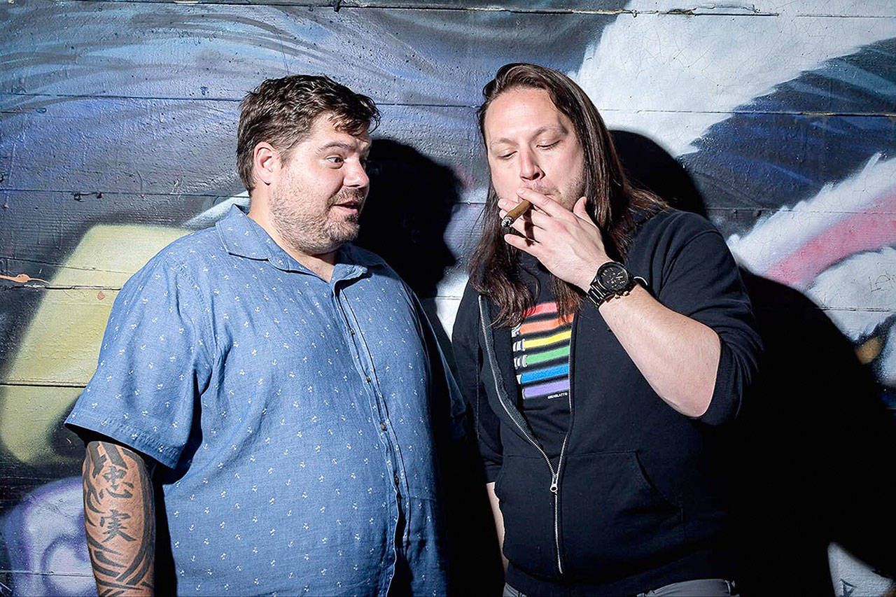 Mitch Burrow (left) and Tyler Smith smoke a blunt before performing on “The Dope Show” at Tacoma Comedy Club. “The Dope Show” returns April 18 to the Historic Everett Theatre. (Gabriel Michael)