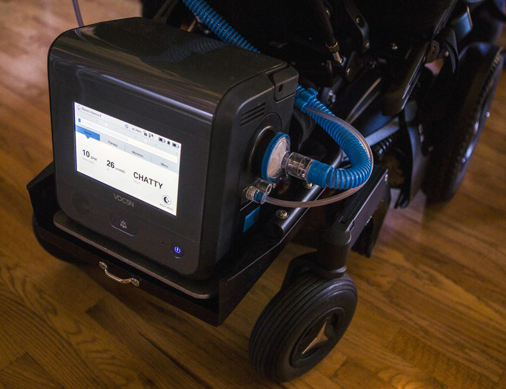 This 2019 photo shows a VOCSN, an acronym for ventilator, oxygen concentrator, cough assist, suction and nebulizer, made by the Bothell company Ventec Life Systems. (Olivia Vanni / Herald file)
