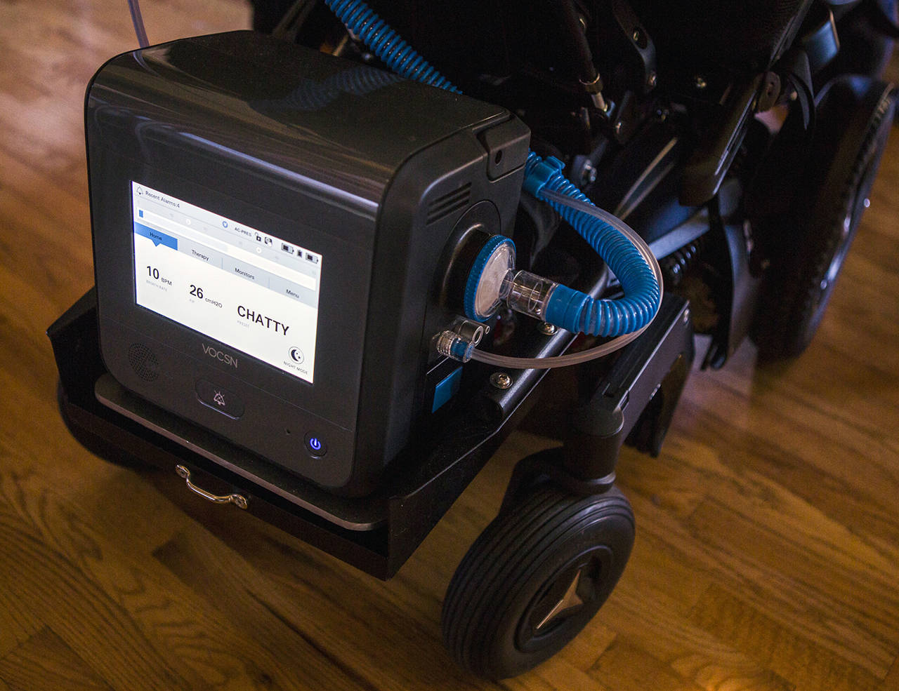 This 2019 photo shows a VOCSN, an acronym for ventilator, oxygen concentrator, cough assist, suction and nebulizer, made by the Bothell company Ventec Life Systems. (Olivia Vanni / Herald file)
