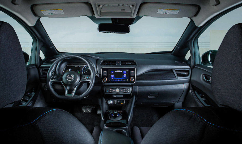 The top-tier SL Plus model of the 2020 Nissan Leaf electric hatchback includes heated seats, a heated steering wheel, and an eight-way power driver seat with two-way lumbar. (Manufacturer photo)
