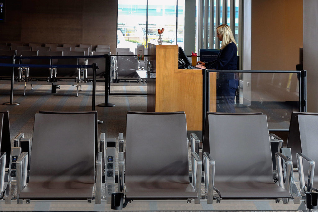 Low passenger tunrout has caused many flight and route cancellations for Paine Field after it’s first anniversary and one millionth traveler. (Kevin Clark / The Herald)