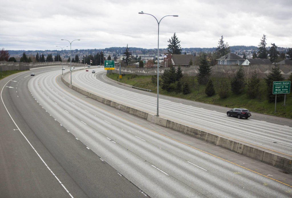 A view of I-5 northbound and southbound lanes from 23rd Street at 4 p.m. on Saturday, March 28, in Everett. (Olivia Vanni / The Herald)
