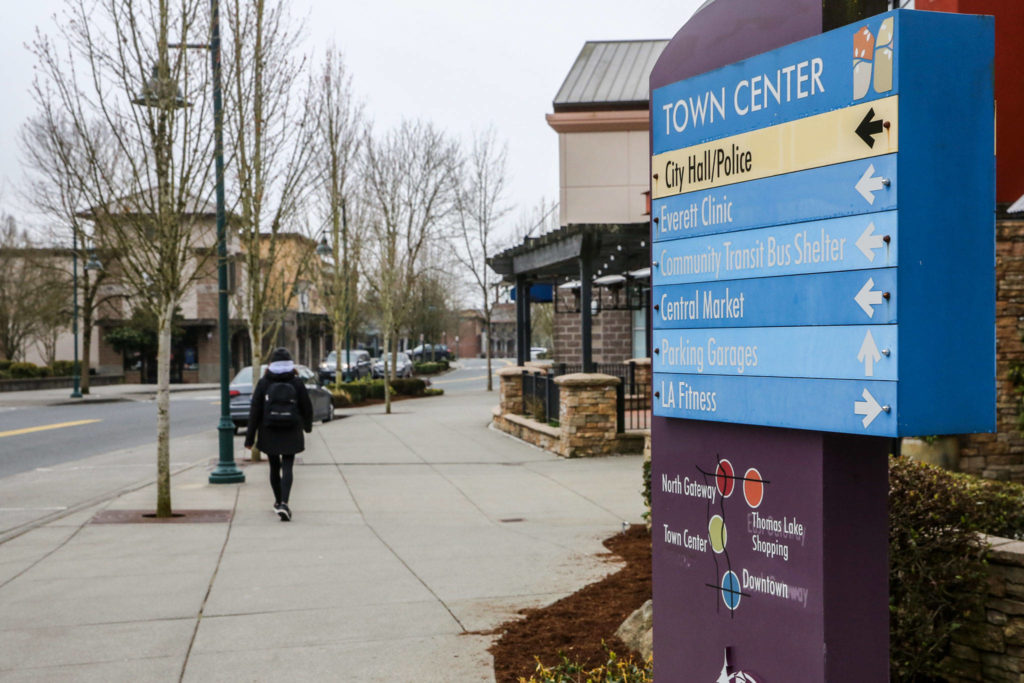 Mill Creek Town Center is lacking in usual customer traffic due to the COVID-19 quarantine order. (Kevin Clark / The Herald)
