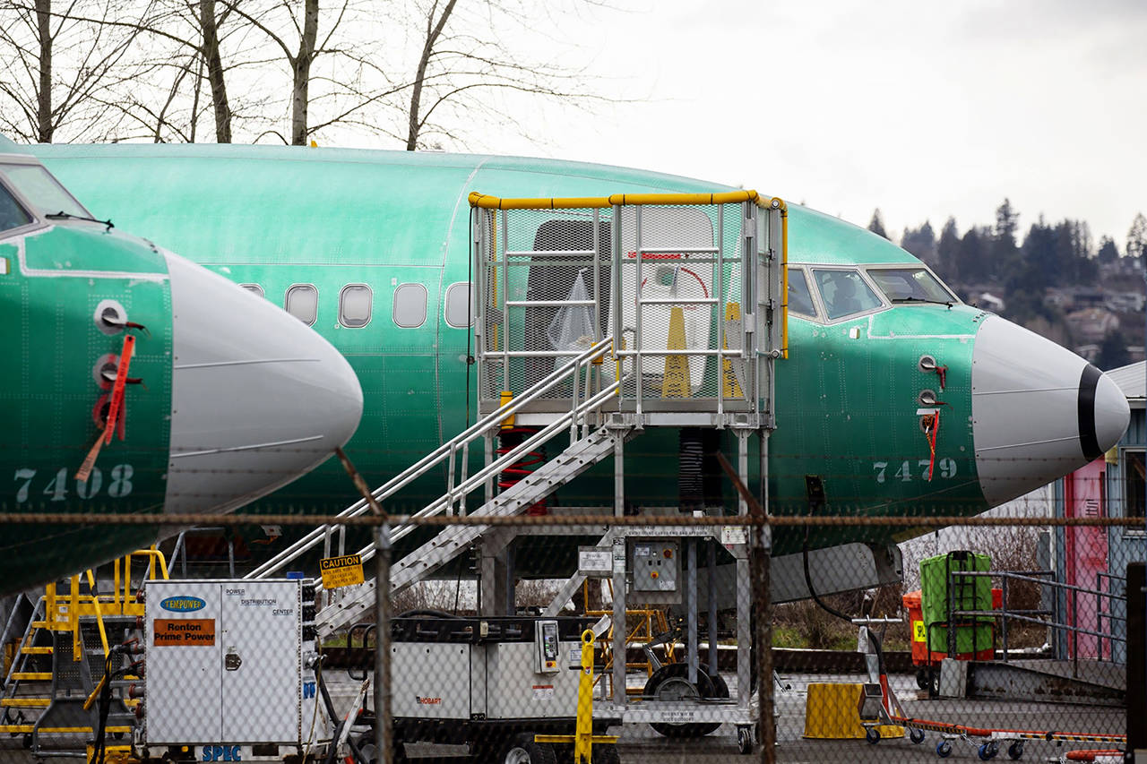 Boeing 737 Max 8 planes sit at the company’s manufacturing facility in Renton on March 12, 2019. (David Ryder/Bloomberg, file)