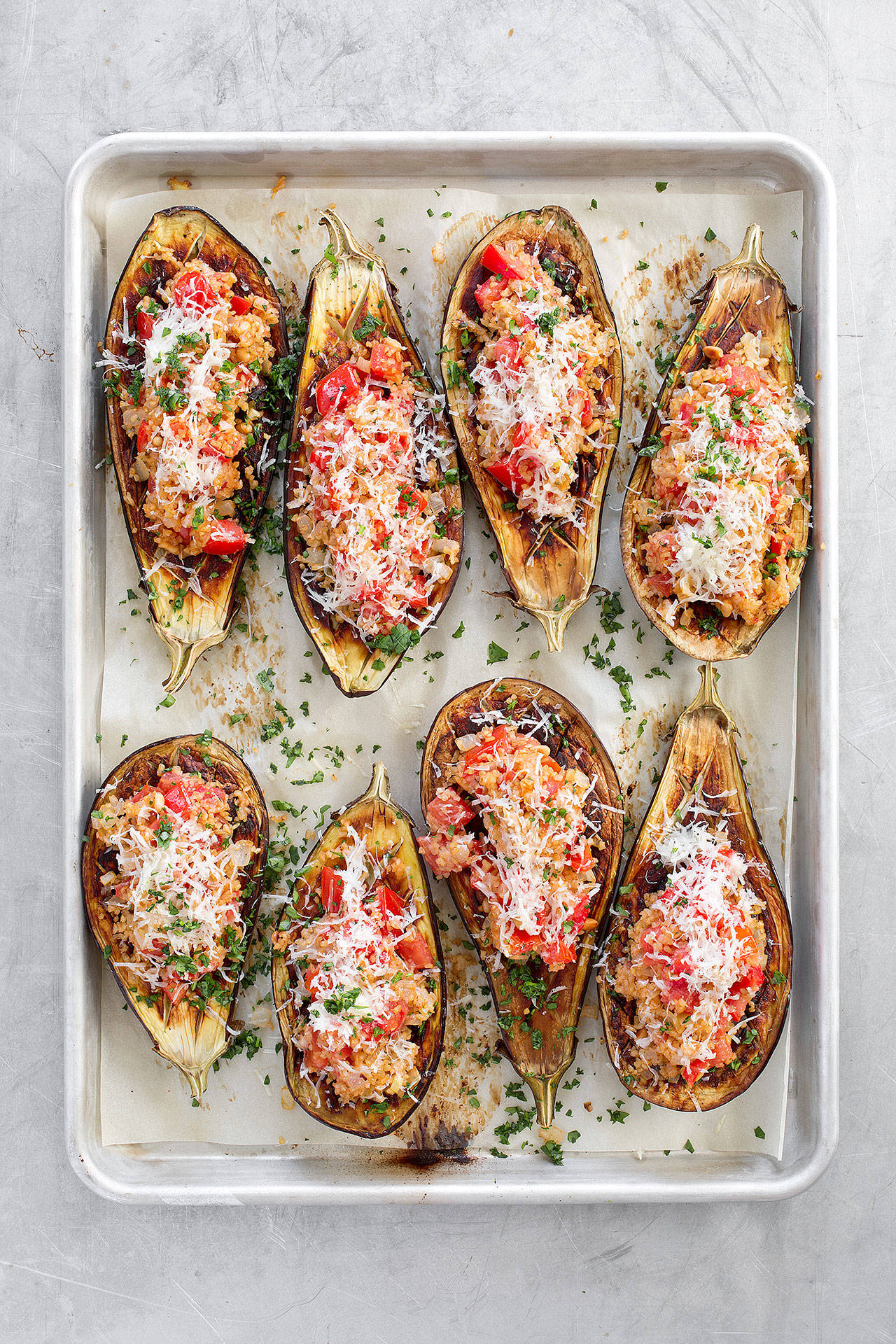 Stuffed eggplant with bulgur from “The Complete Mediterranean Cookbook.” (Daniel J. van Ackere)