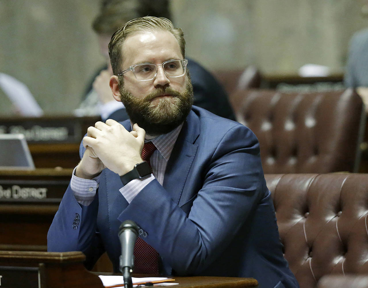 Sen. Marko Liias, D-Mukilteo, sits at his desk on the Senate floor in 2017 in Olympia. (Associated Press)