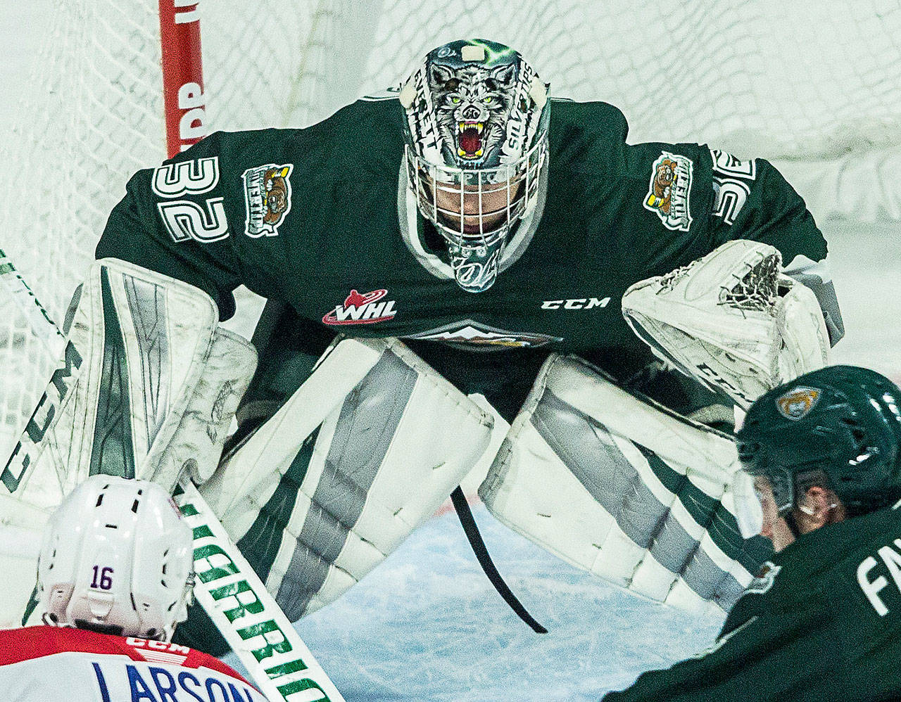 Silvertips’ goalie Dustin Wolf prepares to block a shot during the game against the Spokane Chiefs on Nov. 17, 2019, in Everett. (Olivia Vanni / Herald file)