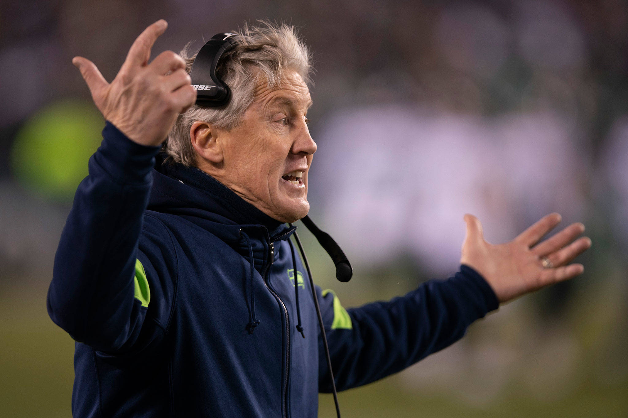 Seahawks coach Pete Carroll reacts during an NFC wild-card playoff game against the Eagles on Jan. 5, 2020, in Philadelphia. (AP Photo/Chris Szagola)