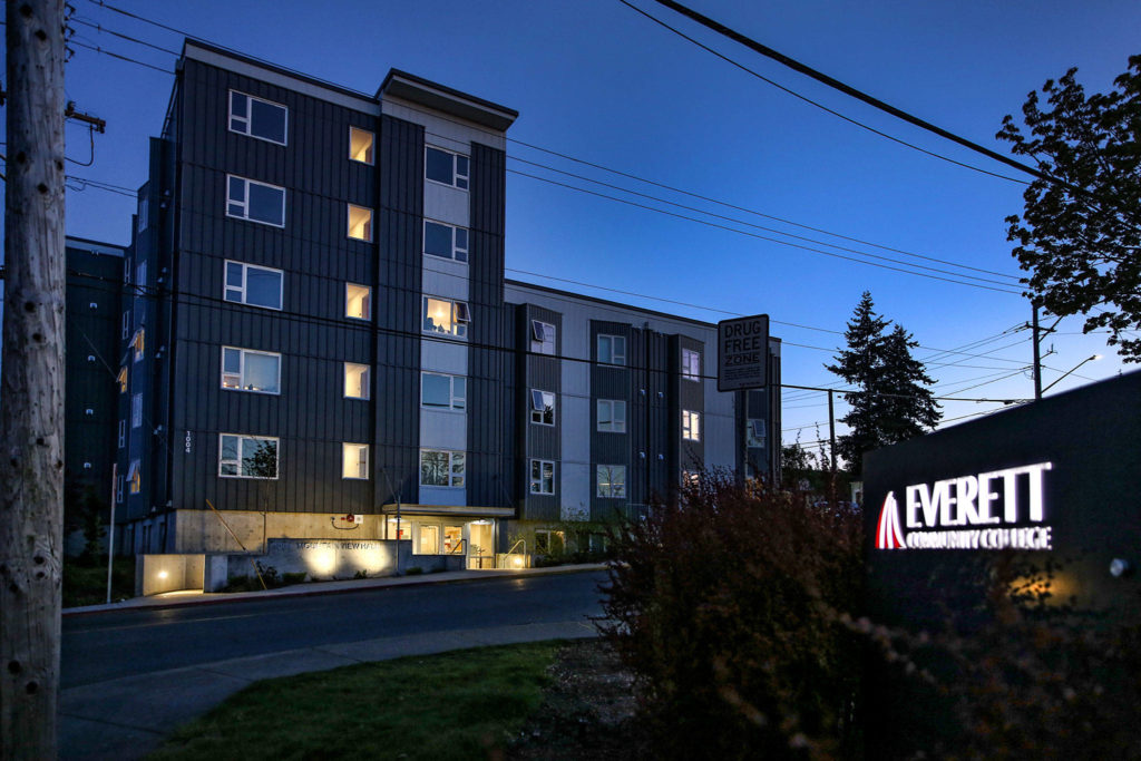 Everett Community College’s Mountain View Hall is still open for its students but under strict rules due to the COVID-19 shut-down order. is still open for its students but under strict rules due to the COVID-19 shut-down order. (Kevin Clark / The Herald)
