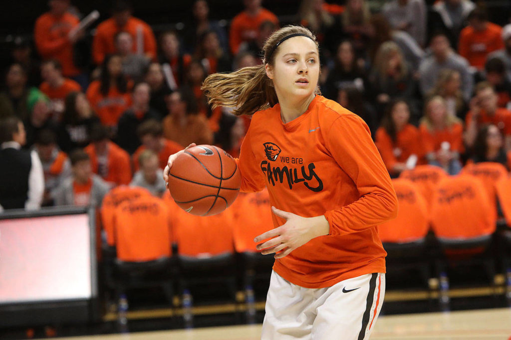 Oregon State’s Mikayla Pivec, a Lynnwood High School alum, warms up prior to a game against Oregon on Jan. 26, 20202, in Corvallis, Ore. (AP Photo/Amanda Loman)

