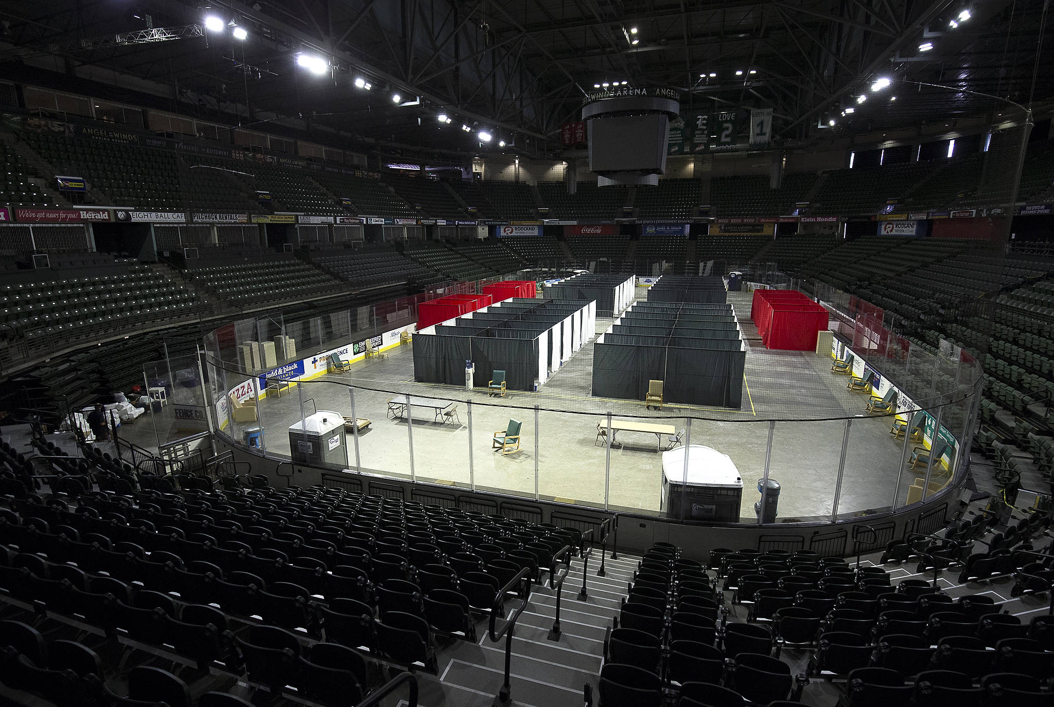 The main rink is now a COVID-19 isolation and quarantine site at the Angel of the Winds Arena, seen here March 31 in Everett. (Andy Bronson / Herald file)
