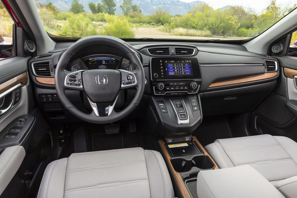 A push-button gear selector in the center console is a distinguishing feature of the 2020 Honda CR-V Hybrid. (Manufacturer photo)
