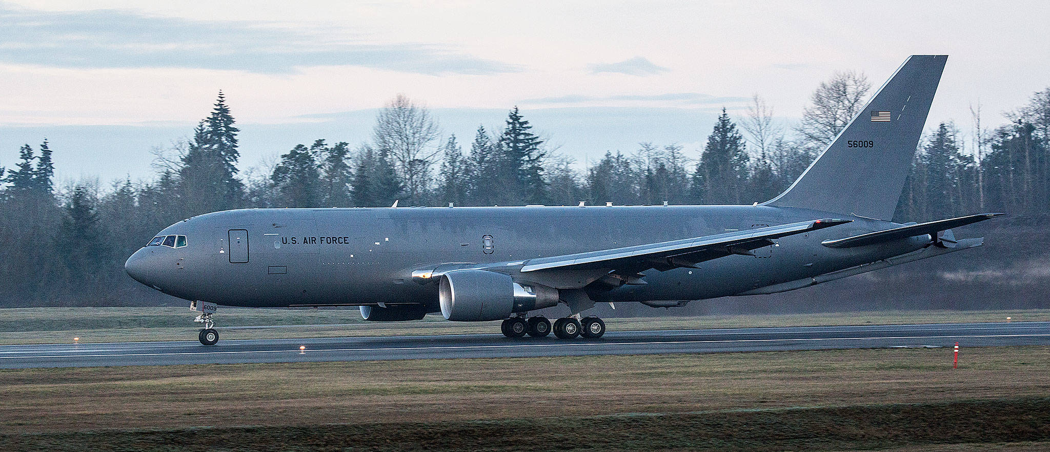 A Boeing KC-46 Pegasus tanker takes off from Paine Field in Everett in 2019. (Andy Bronson / The Herald)