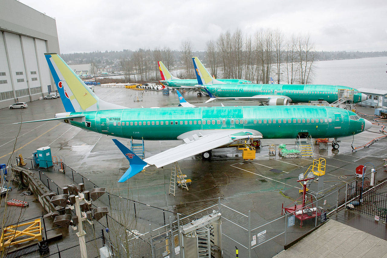 A 737 Max 8 plane at the Boeing manufacturing facility in Renton last year. (David Ryder / Bloomberg News)