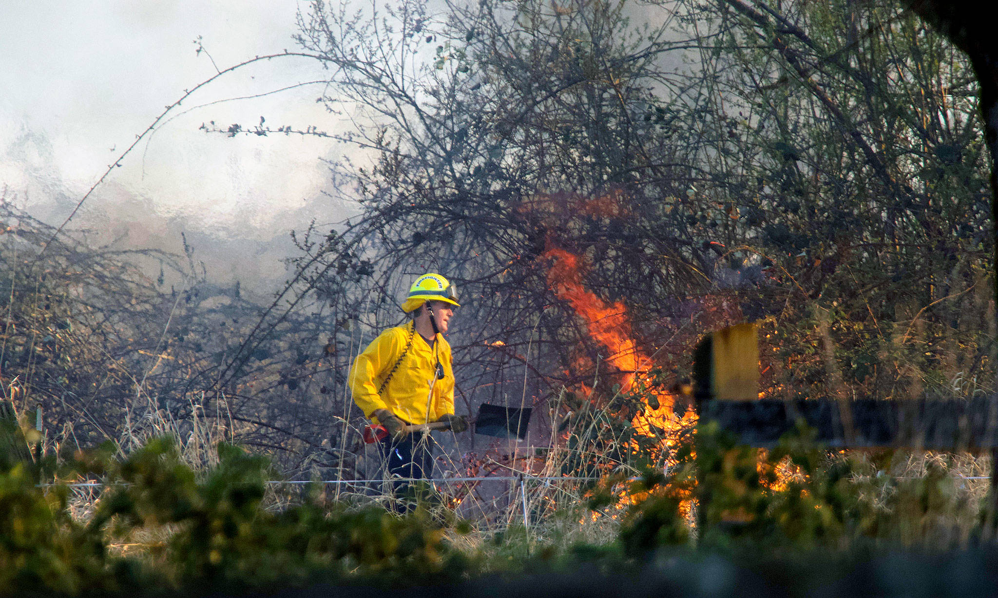 A firefighter works to suppress flames during a brush fire near Arlington on Wednesday. (Andy Bronson / The Herald)