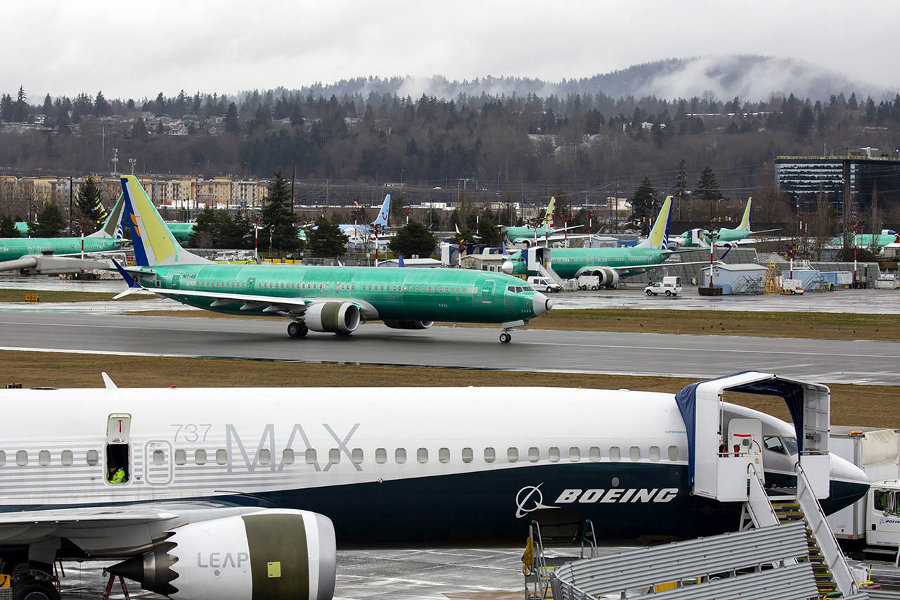 Boeing Co. 737 Max planes are seen at the company’s manufacturing facility in Renton in March 2019. (David Ryder/Bloomberg, file)