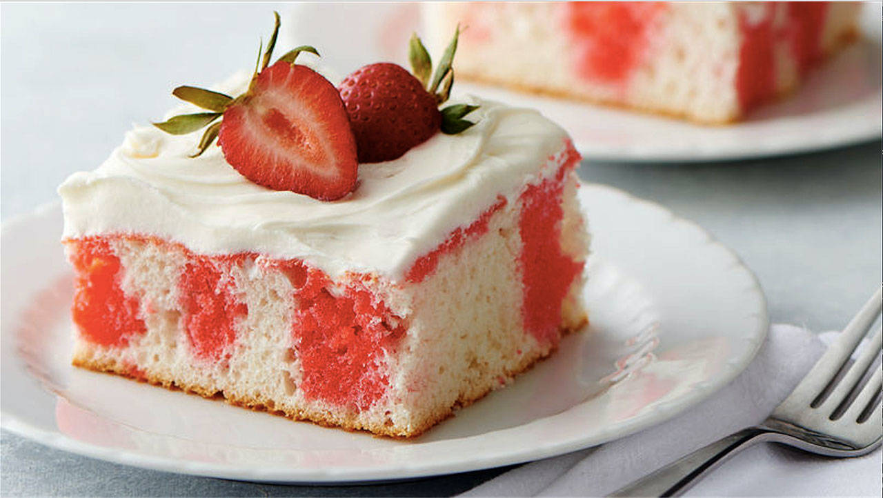 Strawberry Jell-O poke cake is a fruity and light dessert that’s perfect for a party. (Betty Crocker)