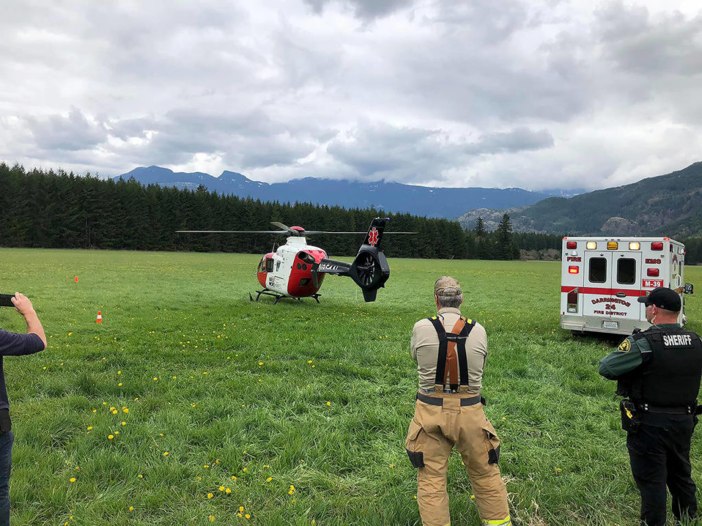 A person had serious injuries and needed to be rescued and airlifted after an off-road collision off of Dearinger Park Road near Concrete in Skagit County. Darrington Fire District 24 crews used an all-terrain vehicle to reach the patient, who was later airlifted to a trauma center. (Darrington Fire District 24) 
