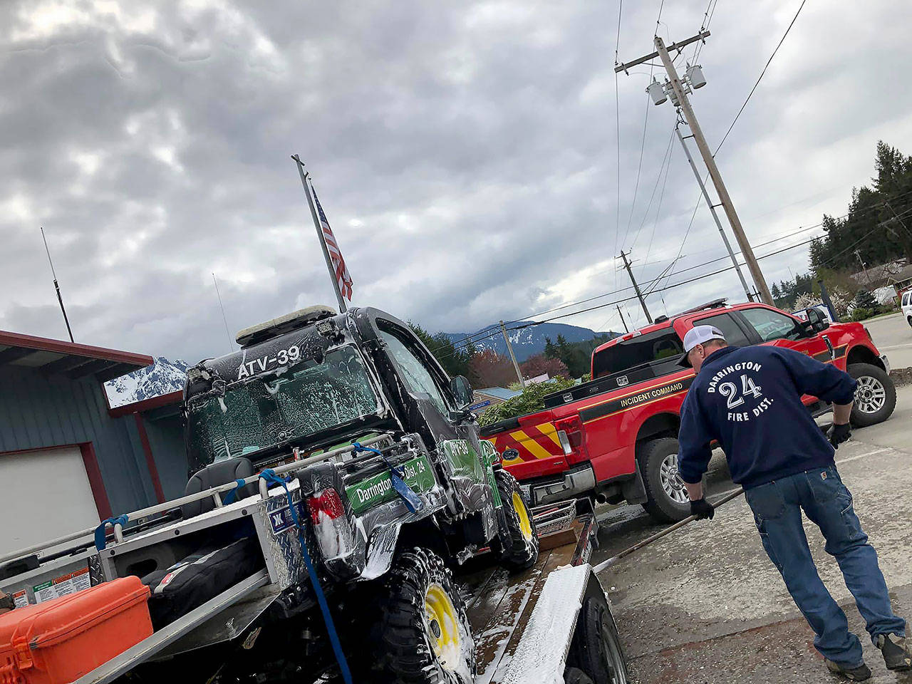 Darrington Fire District 24 crews had to deep clean and sanitize their equipment and vehicles Sunday afternoon after rescuing a person injured after an off-road collision off of Dearinger Park Road near Concrete. (Darrington Fire District 24)