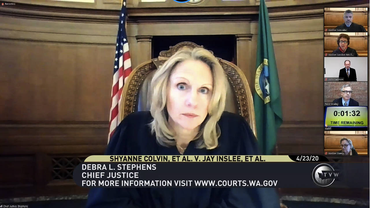 Washington state Supreme Court Chief Justice Debra Stephens listens to arguments Thursday morning. (TVW)