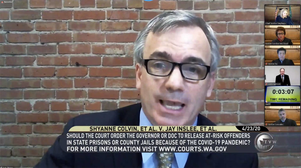 Nicholas Broten Straley, counsel for Shyanne Colvin, et al, argues in front of the State Supreme Court on Thursday. (TVW screen grab)
