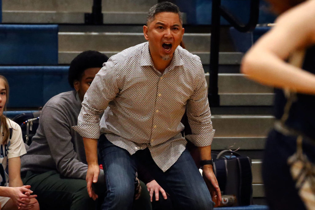 Meadowdale coach Arie Mahler reacts during a game against Arlington at Meadowdale High School in Lynnwood on Jan. 3. (Kevin Clark / The Herald)
